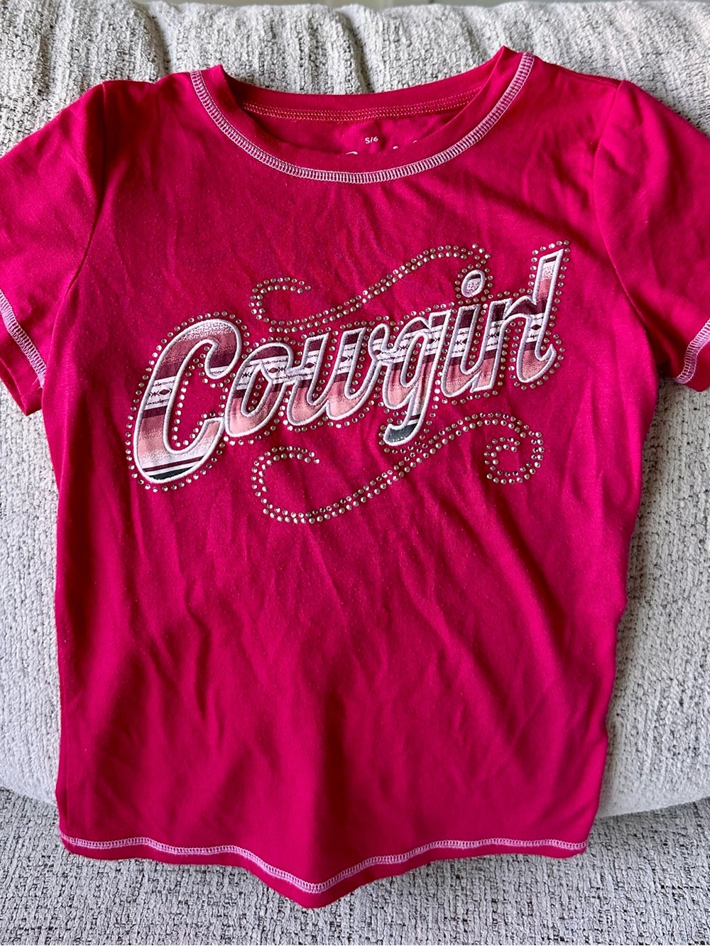 Girls Cowgirl Rhinestone Short Sleeve Tee - Hot Pink